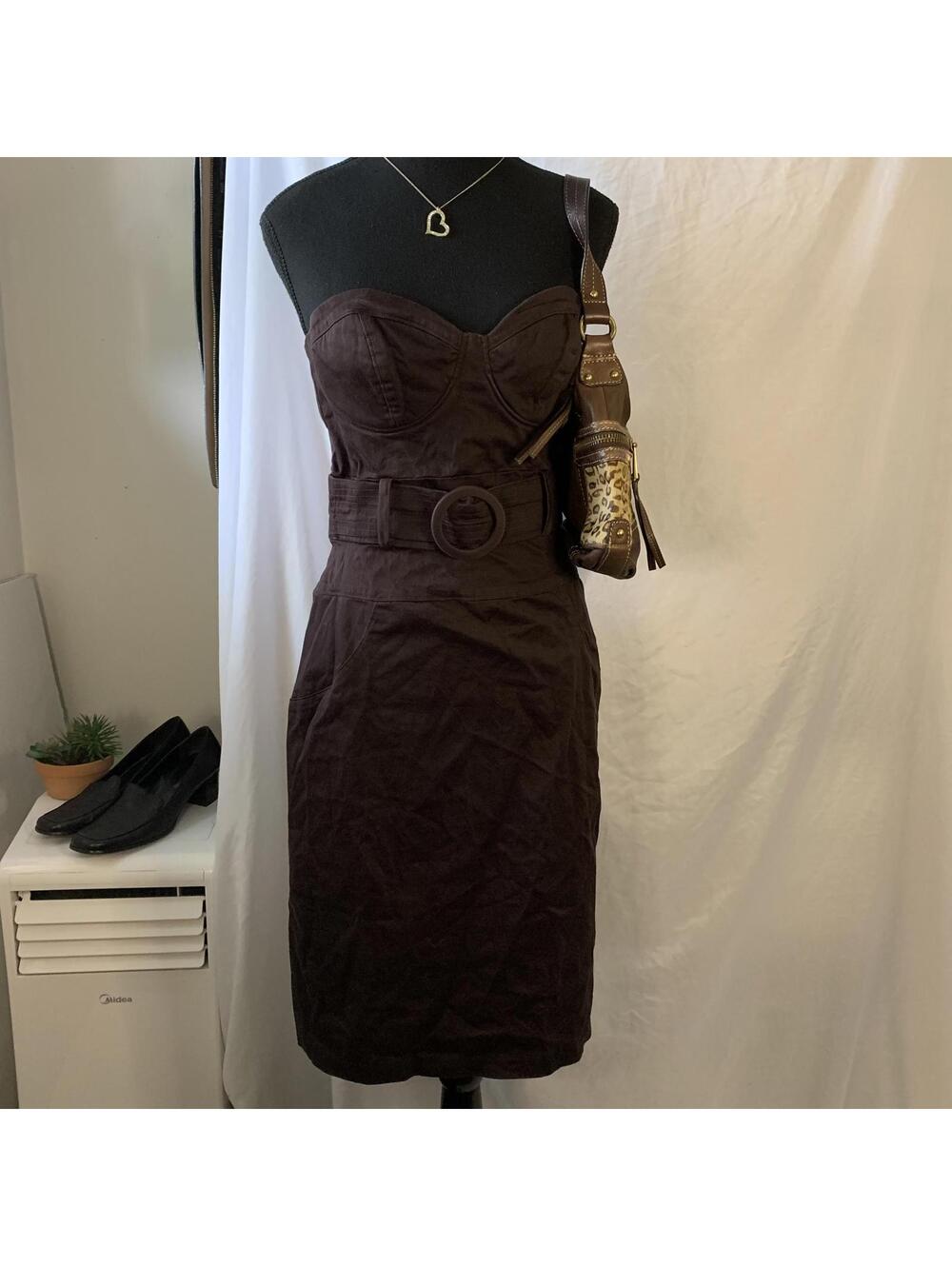 Vintage arden b. brown belted strapless midi dress